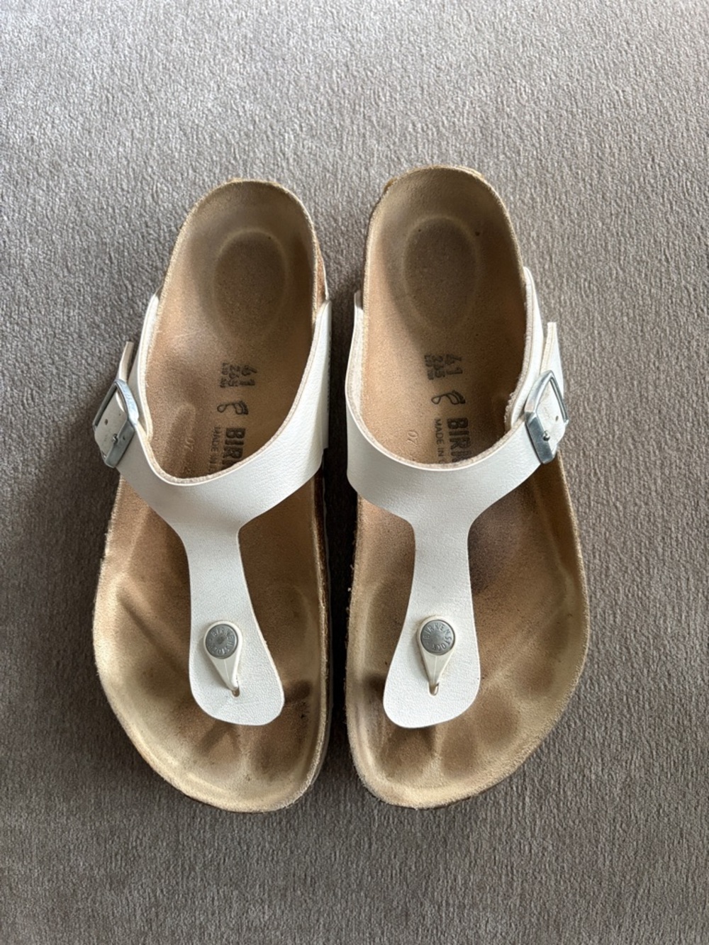 Birkenstock Women’s White Suede Thong Sandal with Silver Buckle